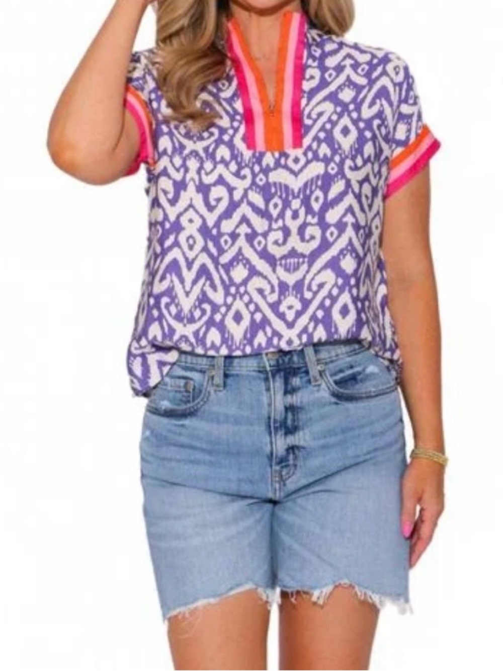 NWOT THML Women's Boxy Prowl Top Purple Short Sleeve Top‎ with Neon Trim Small